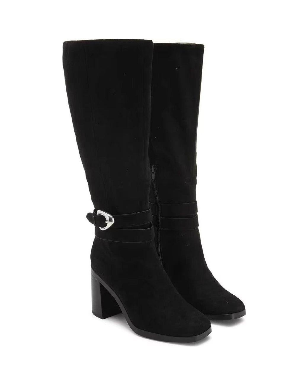 Women's Black Finnian Boots Side Zip Square Toe Knee High Hawk1470