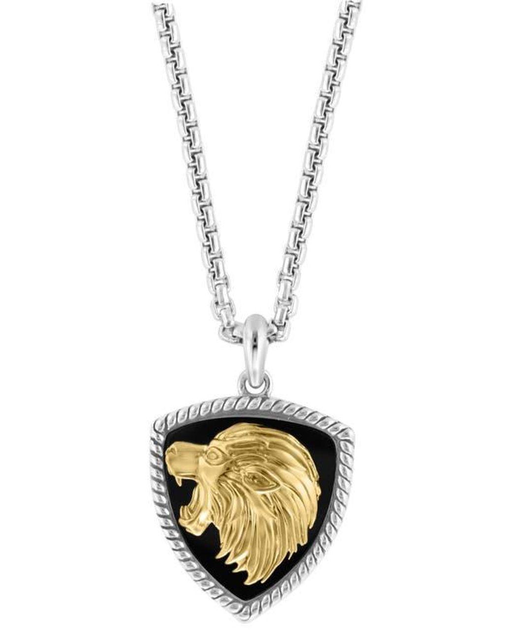 Men's Metallic Two-Tone Onyx Lion Pendant Necklace