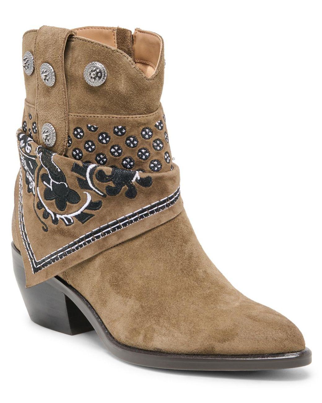 Women's Brown Mekala Scarf Cuff Embroidered Western Booties