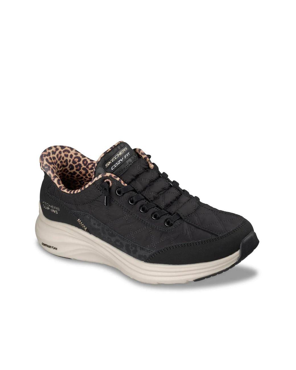 Women's Black Wide Width Hands Free Slipins Contour Foam Cozy Fit Leopard Dream Sneaker