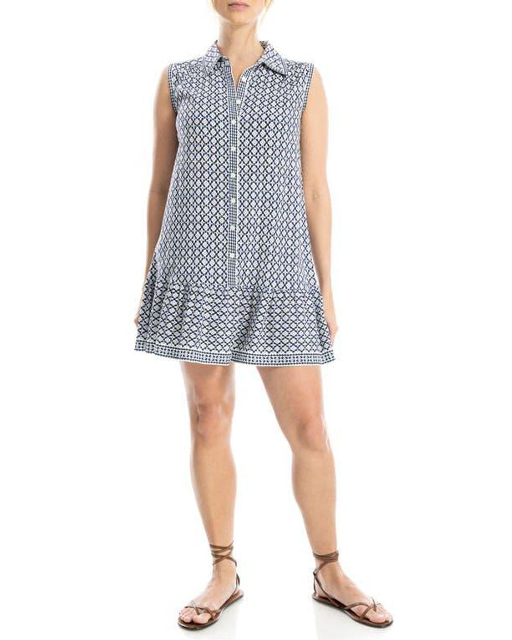 Women's Blue Sleeveless Button Front Short Dress