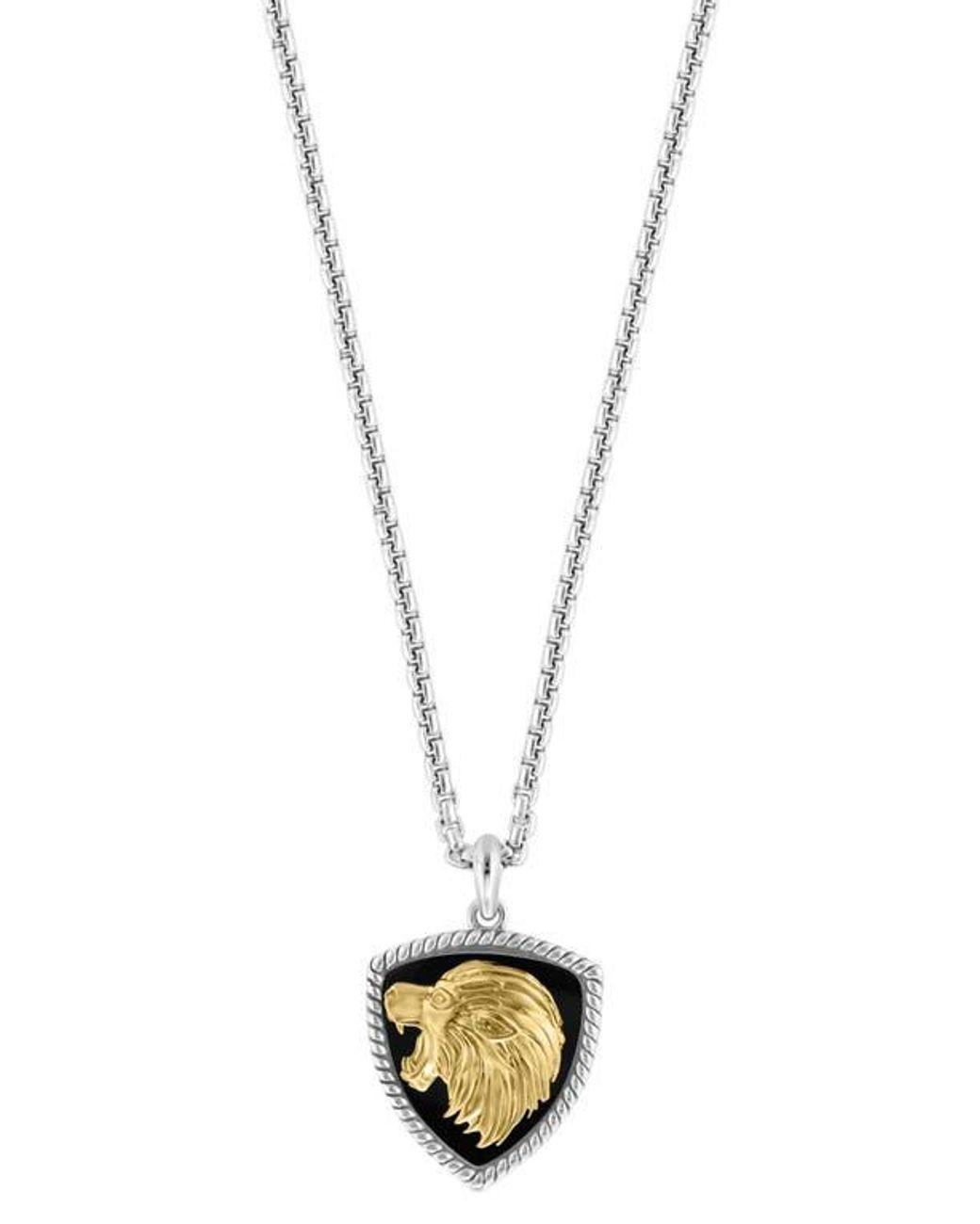 Men's Metallic Two-Tone Onyx Lion Pendant Necklace