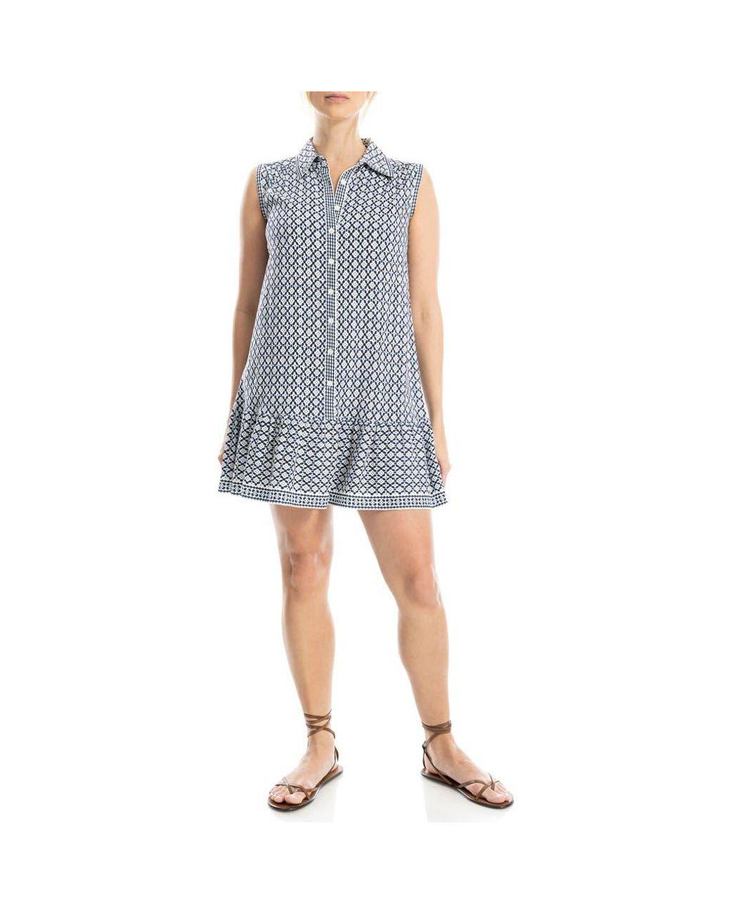 Women's Blue Sleeveless Button Front Short Dress