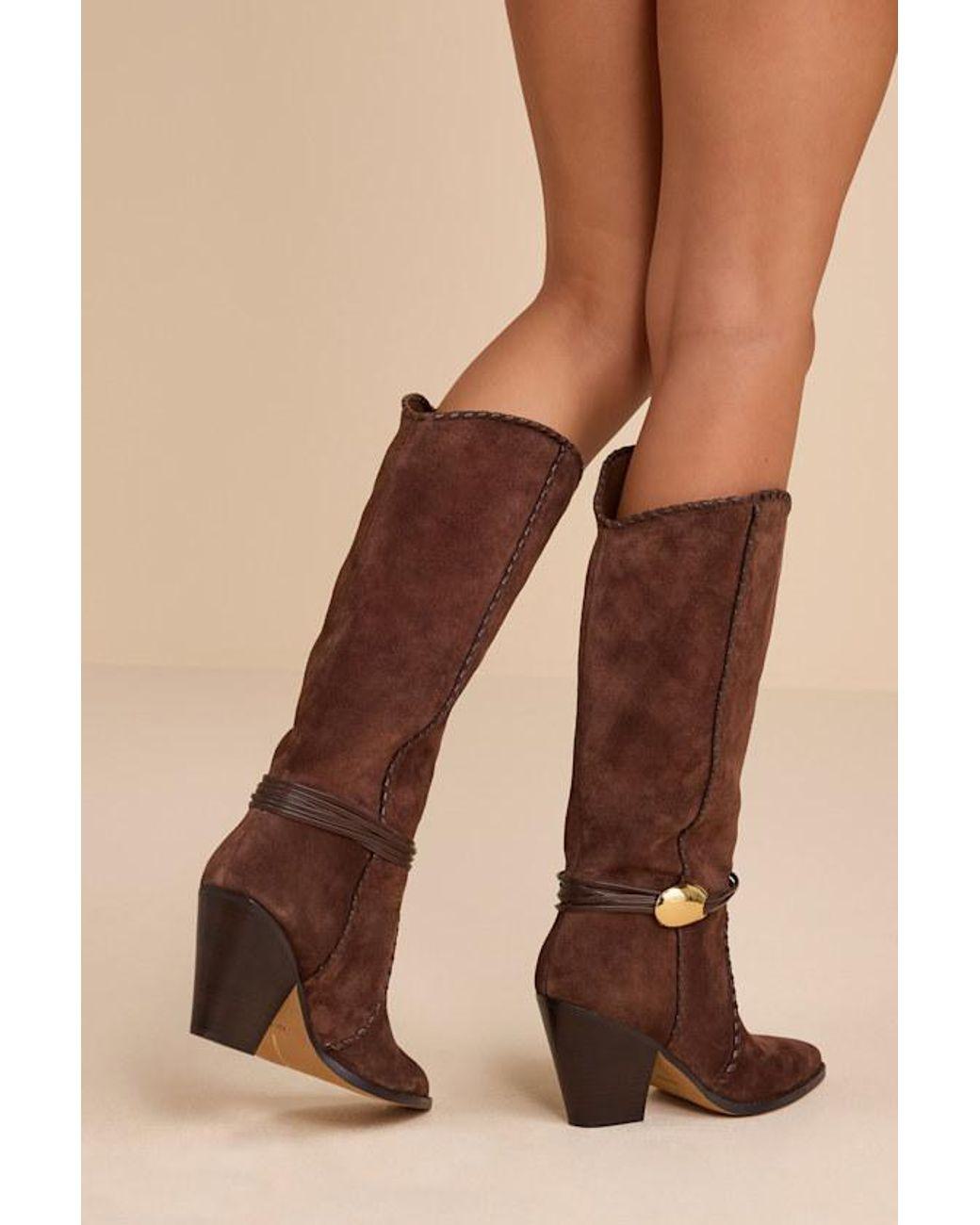 Women's Brown Jody Dark Suede Leather Stitched Knee-High Boots