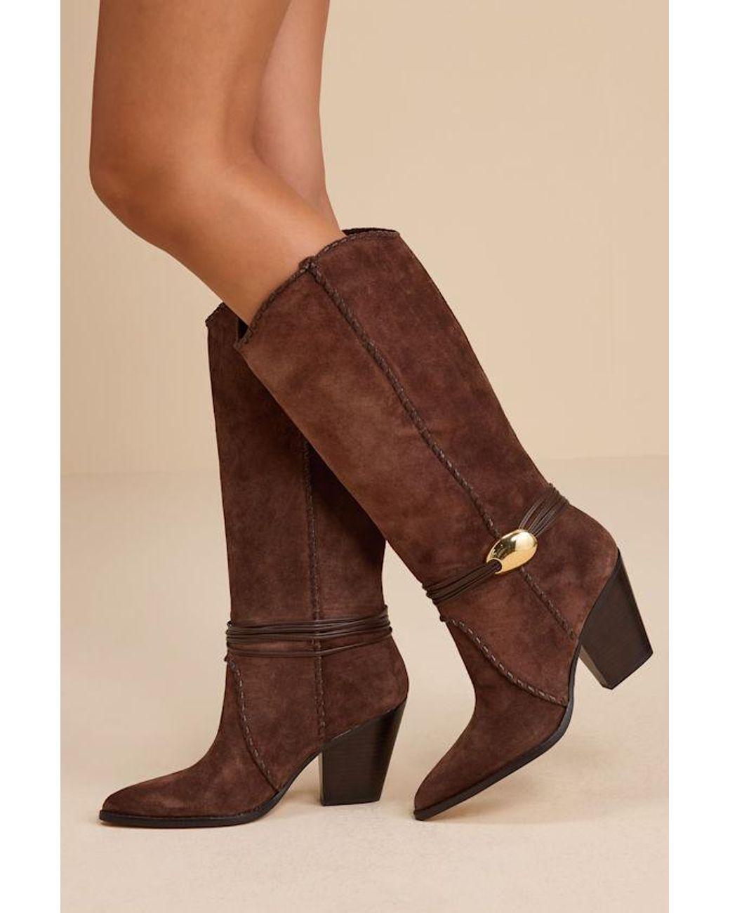 Women's Brown Jody Dark Suede Leather Stitched Knee-High Boots