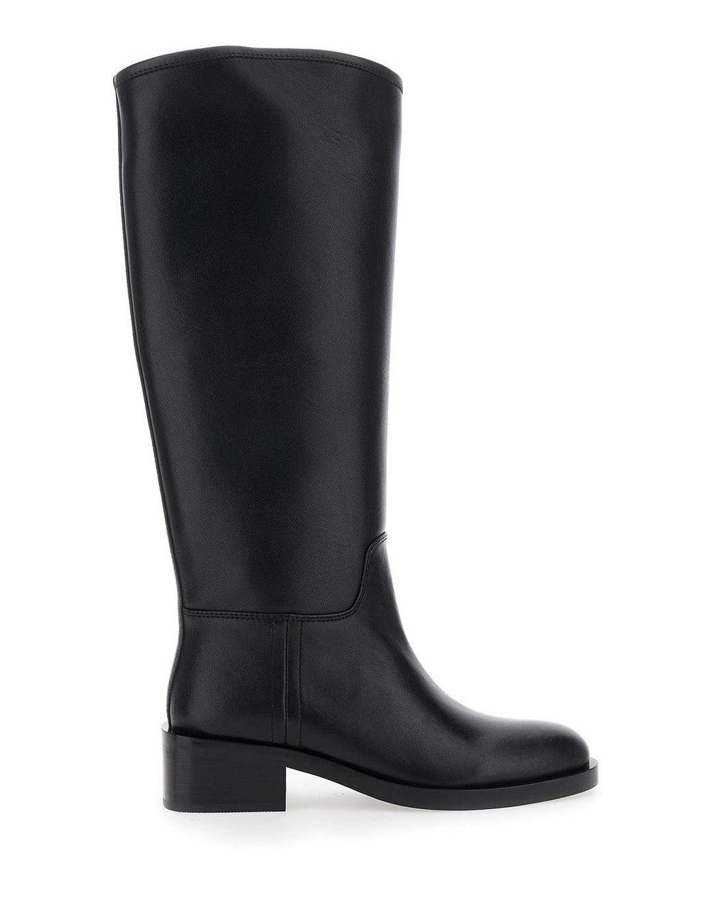 Women's Black Knee High Leather Boots With Block Heel