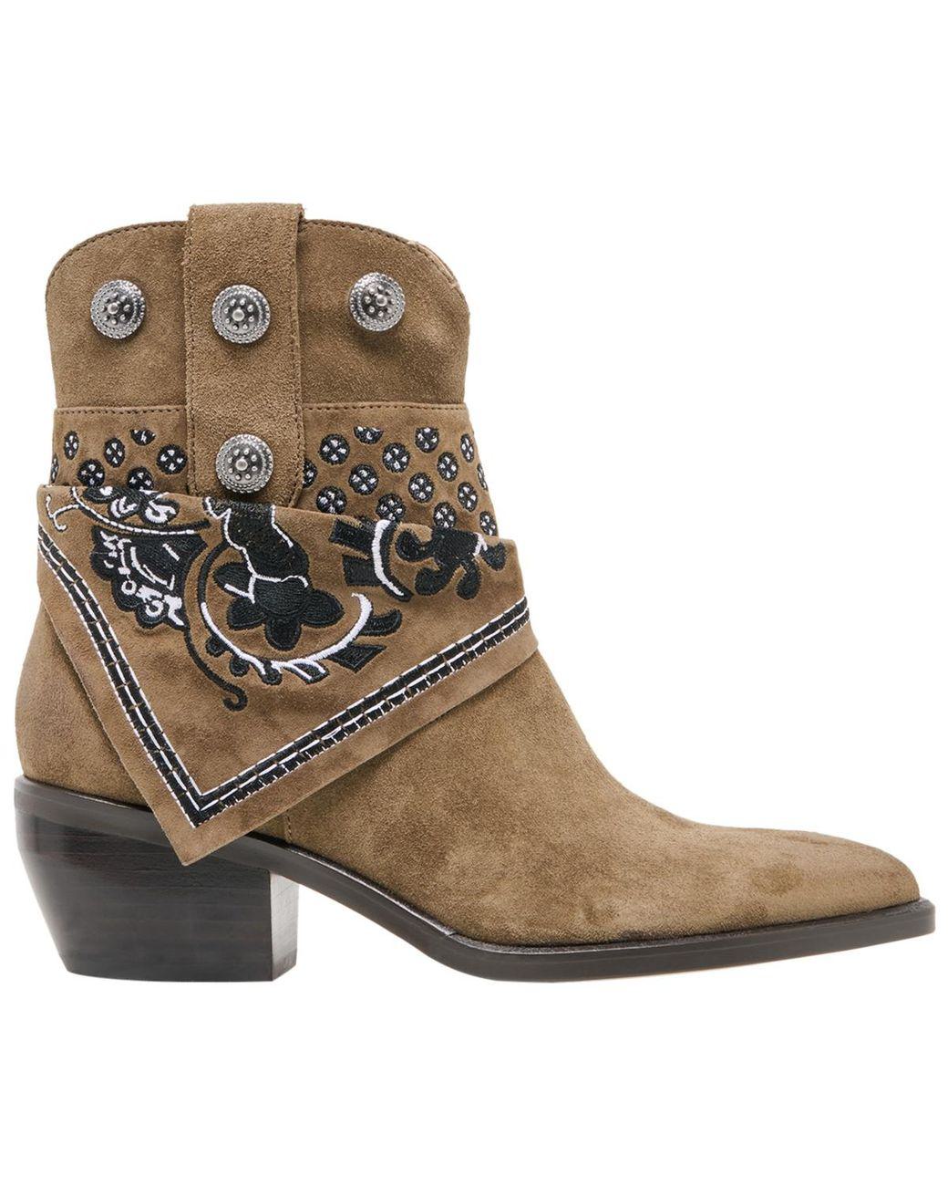 Women's Brown Mekala Scarf Cuff Embroidered Western Booties
